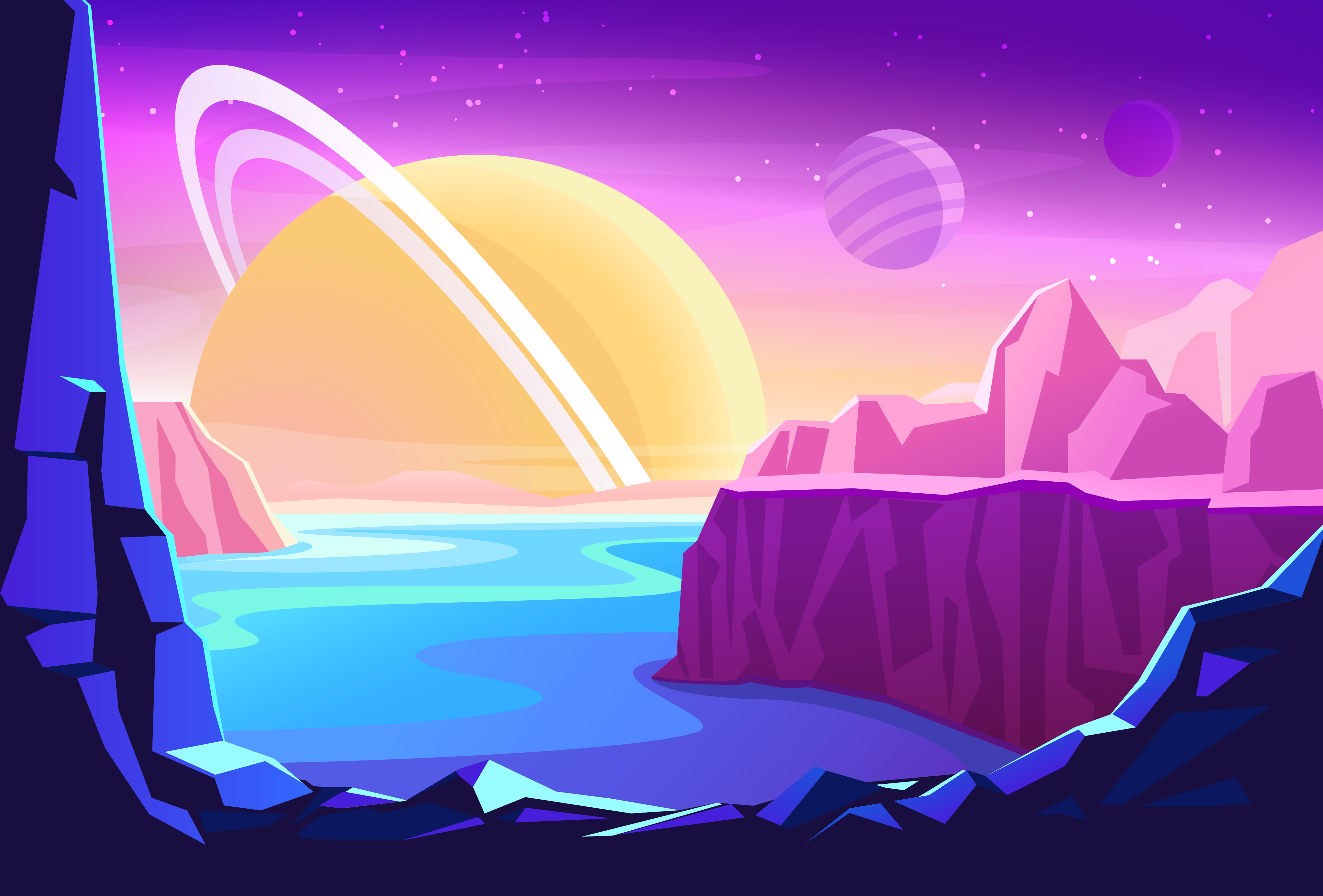 Alien landscape with ringed planet and lake