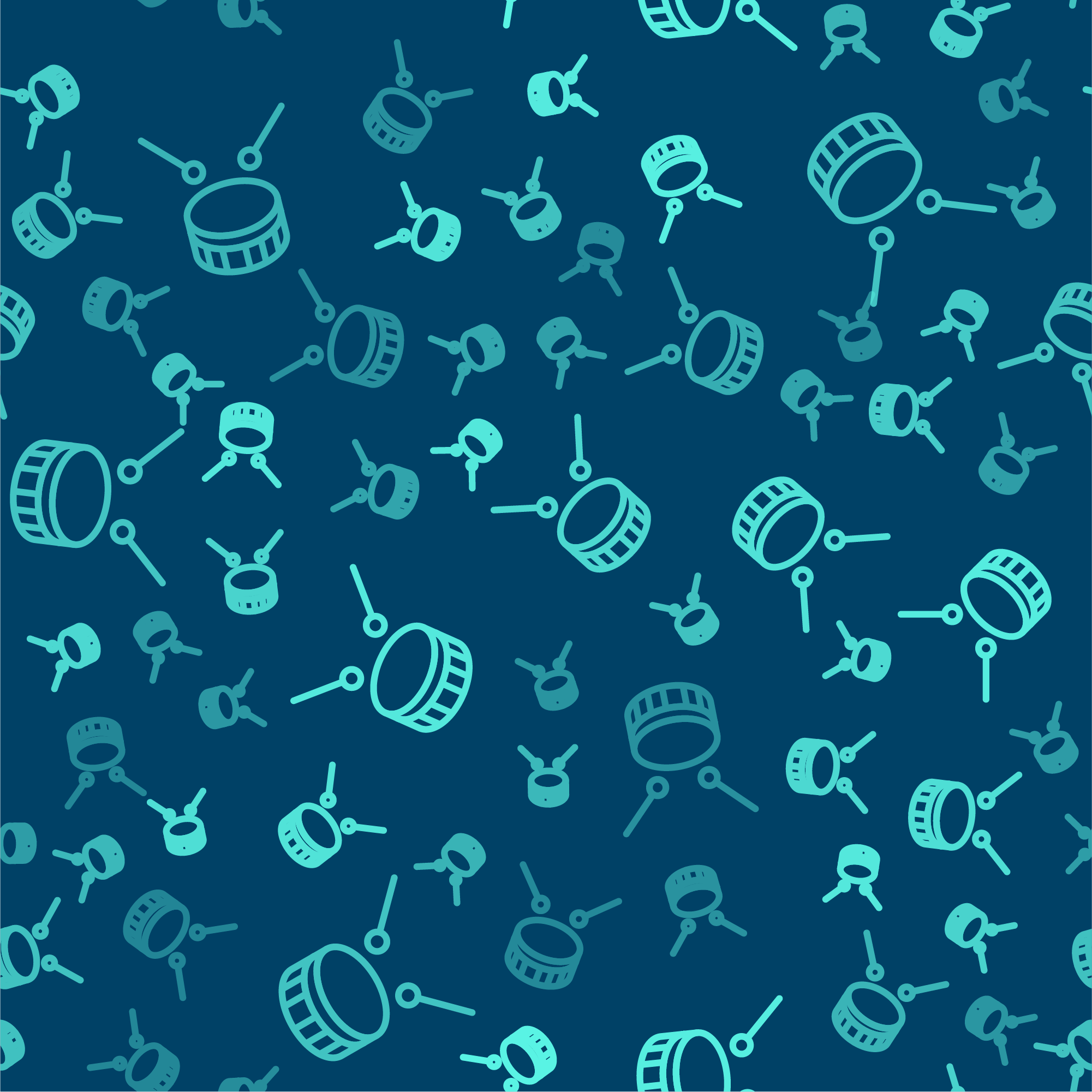 Repeating pattern of various drum illustrations, featuring drumsticks and drum kit elements