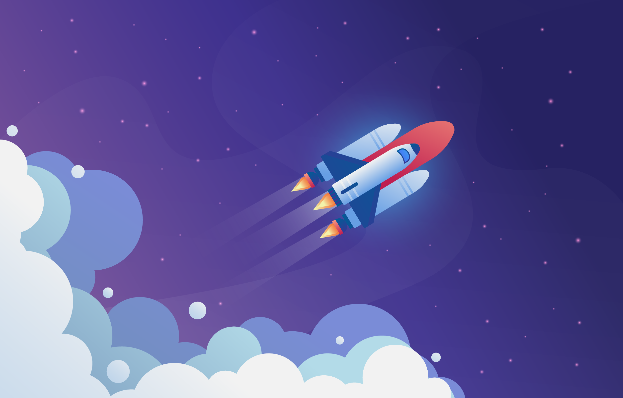 A colorful rocket blasting off into the starry sky